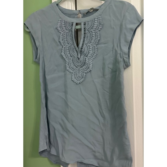 NWT Daniel Rainn Crochet Top Blouse Keyhole Cap Sleeve Light Blue XSP - Picture 1 of 10